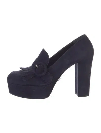 Pre-owned Prada Suede Fringe Trim Accent Pumps In Blue