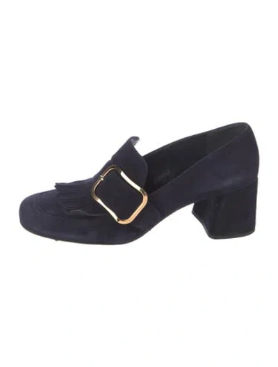 Pre-owned Prada Suede Fringe Trim Accent Pumps In Blue