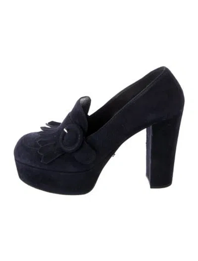 Pre-owned Prada Suede Fringe Trim Accent Pumps In Blue