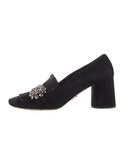 Pre-owned Prada Suede Fringe Trim Accent Pumps In Blue