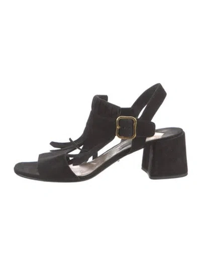 Pre-owned Prada Suede Fringe Trim Accent Slingback Sandals In Neutral