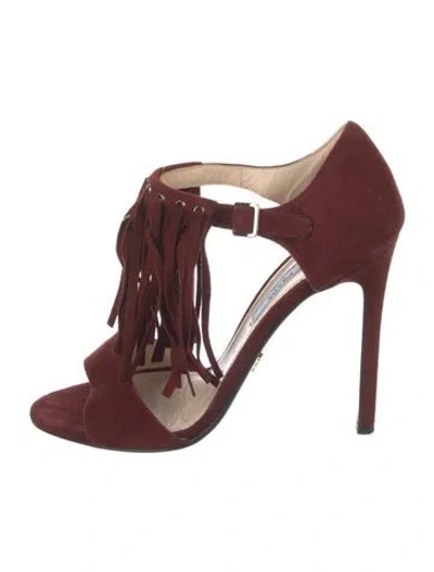 Pre-owned Prada Suede Fringe Trim Accent T-strap Pumps In Burgundy