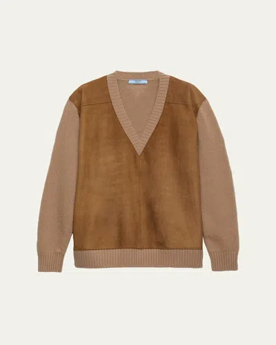 Prada Suede-front V-neck Cashmere Sweater In Brown