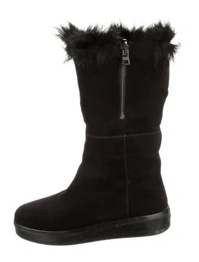 Pre-owned Prada Suede Fur Trim Boots In Black