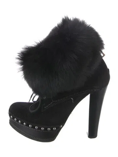 Pre-owned Prada Suede Fur Trim Boots In Black
