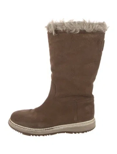Pre-owned Prada Suede Fur Trim Boots In Brown