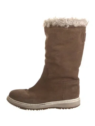 Pre-owned Prada Suede Fur Trim Boots In Brown