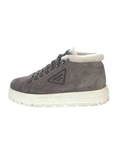 Pre-owned Prada Suede Fur Trim Chunky Sneakers In Grey