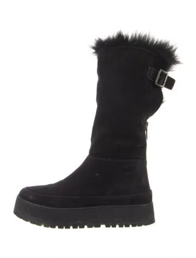 Pre-owned Prada Suede Fur Trim Lace-up Boots In Black