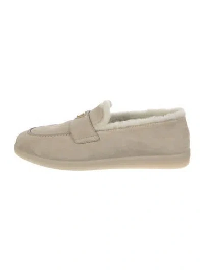 Pre-owned Prada Suede Fur Trim Loafers In Neutral