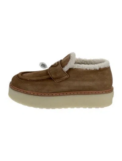 Pre-owned Prada Suede Fur Trim Loafers In Neutral