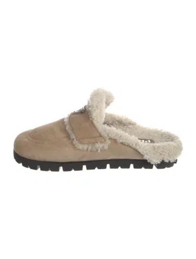 Pre-owned Prada Suede Fur Trim Mules In Brown