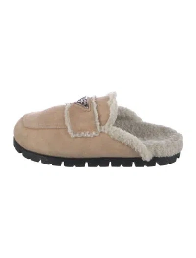 Pre-owned Prada Suede Fur Trim Mules In Brown