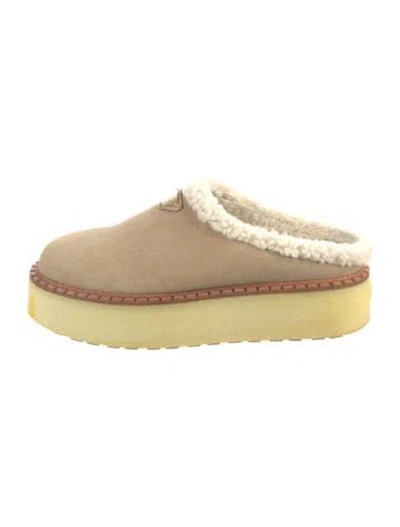 Pre-owned Prada Suede Fur Trim Mules In Neutral