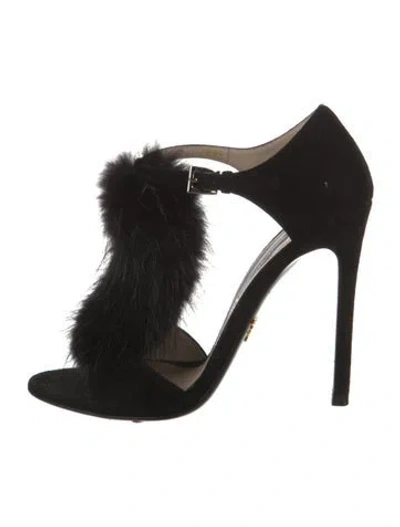 Pre-owned Prada Suede Fur Trim Sandals In Black