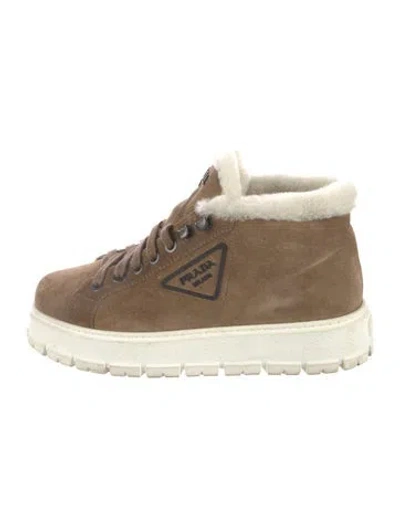 Pre-owned Prada Suede Fur Trim Sneakers In Brown