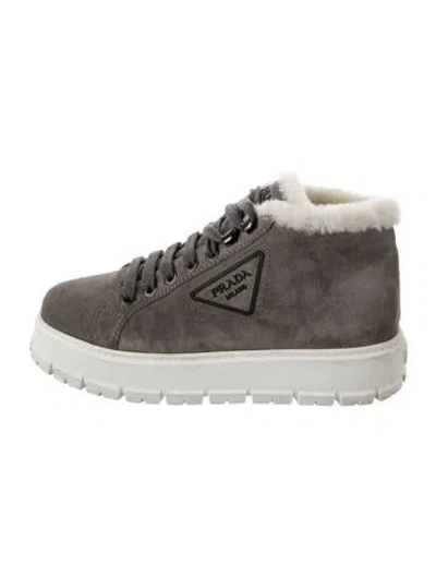 Pre-owned Prada Suede Fur Trim Sneakers In Grey