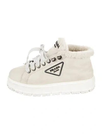Pre-owned Prada Suede Fur Trim Sneakers In Neutral