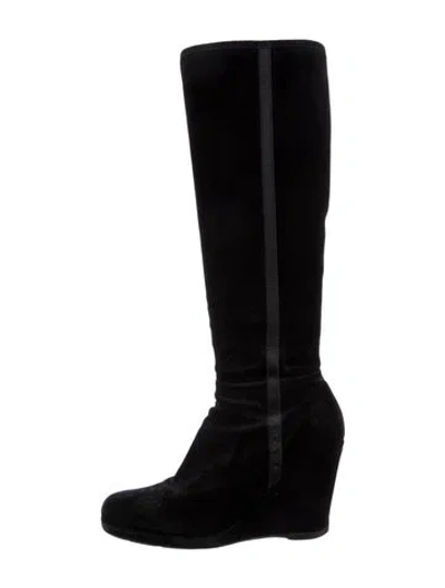 Pre-owned Prada Suede Grosgrain Trim Boots In Black