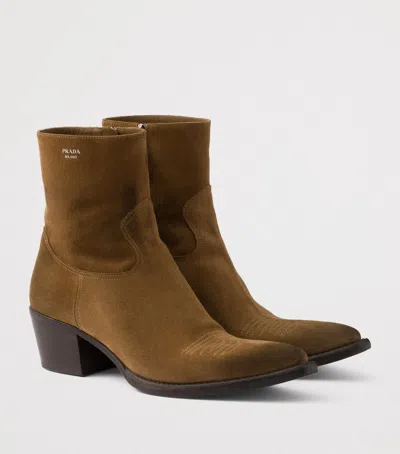 Prada Suede Heeled Western Ankle Boots 55 In Brown