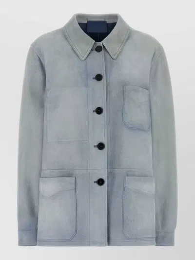 Prada Suede Jacket Long Sleeves Collar Pockets In Blue