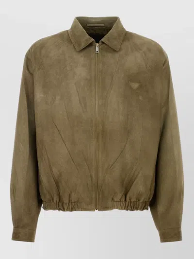 Prada Suede Jacket Long Sleeves Point Collar In Brown