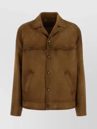 Prada Suede Jacket With Point Collar And Flap Pockets In Brown