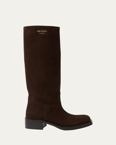 Prada Suede Knee-high Boots In Brown