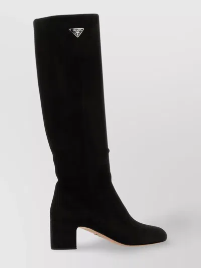 Prada Suede Knee Length Boots With Block Heel In Gray