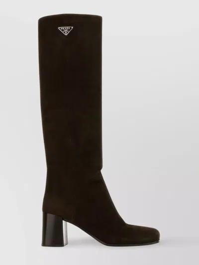 Prada Suede Knee Length Boots With Block Heel In White