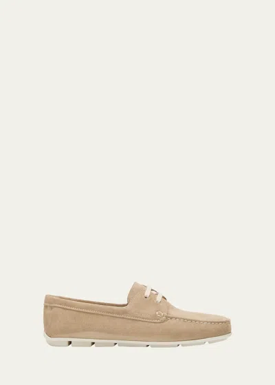 Prada Suede Lace-up Driver Loafers In Deserto