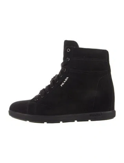Pre-owned Prada Suede Lace-up Boots In Black