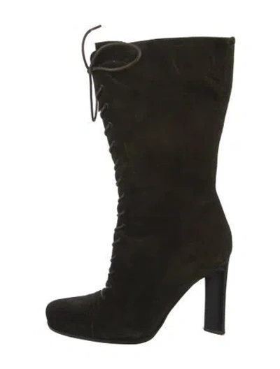 Pre-owned Prada Suede Lace-up Boots In Green