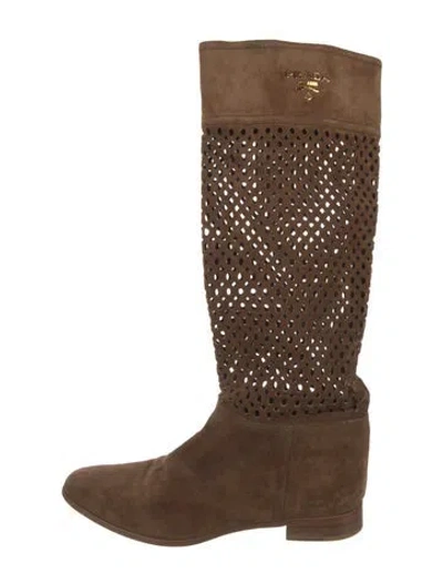 Pre-owned Prada Suede Lasercut Accents Riding Boots In Brown