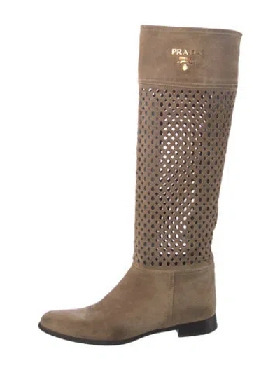 Pre-owned Prada Suede Lasercut Accents Riding Boots In Neutral