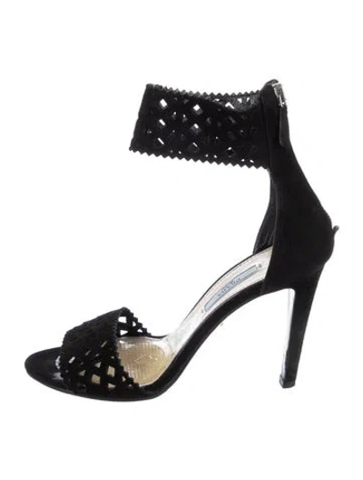 Pre-owned Prada Suede Lasercut Accents Sandals In Black