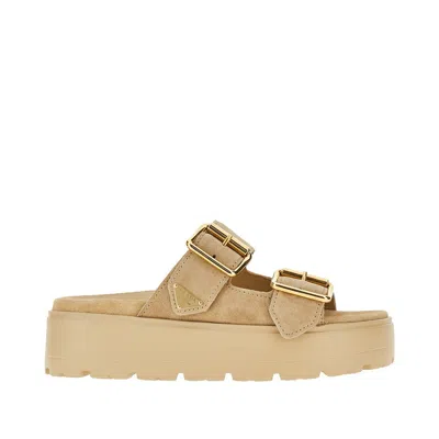 Prada Suede Leathe Double-strap Sandals With Logo In Neutral