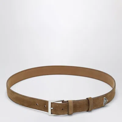 Prada Suede Leather Belt With Logo Plaque In Brown