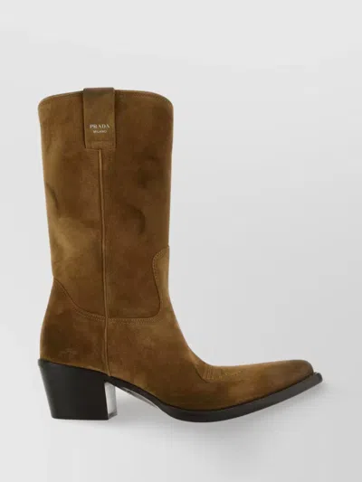 Prada Suede Leather Block Heel Mid-calf Boots In Brown