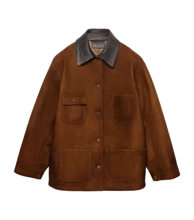 Prada Suede Leather-collar Jacket In Brown