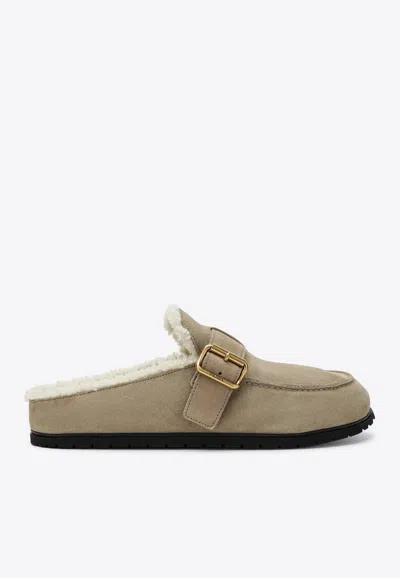 Prada Suede Leather Flat Mules In Brown