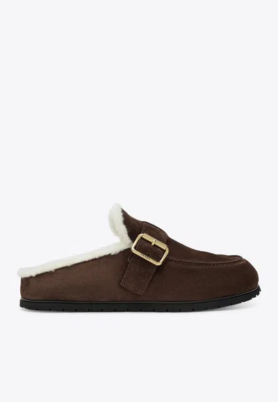 Prada Suede Leather Flat Mules In Brown