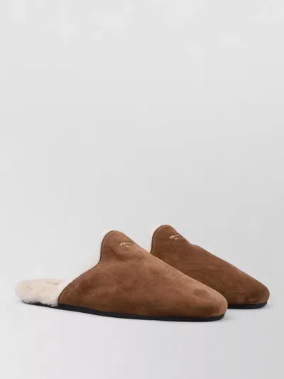 Prada Suede Leather Flat Sole Round Toe Mules In Brown