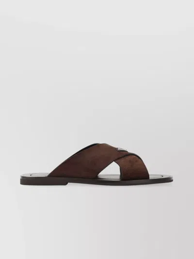 Prada Suede Leather Flat Sole Sandals In Brown