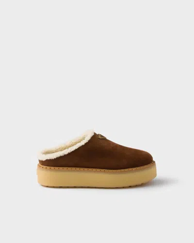 Prada Suede Leather Slides In Brown