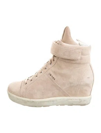 Pre-owned Prada Suede Leather Trim Embellishment Boots In Neutral