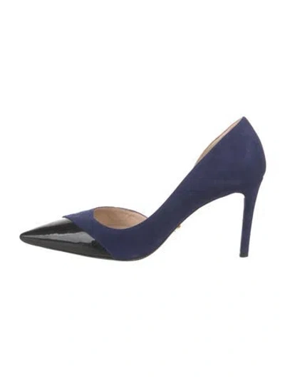 Pre-owned Prada Suede Leather Trim Embellishment D'orsay Pumps In Blue