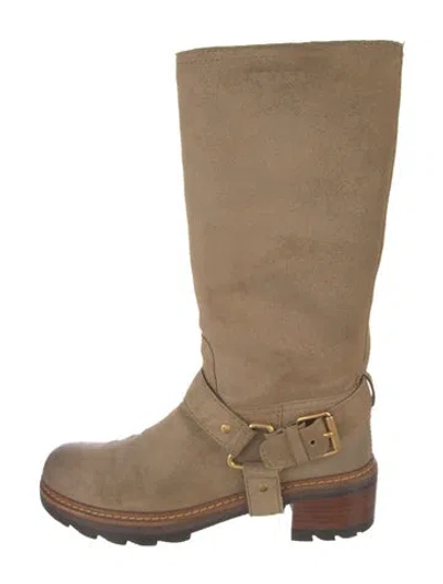 Pre-owned Prada Suede Leather Trim Embellishment Moto Boots In Neutral