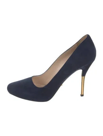 Pre-owned Prada Suede Leather Trim Embellishment Pumps In Blue