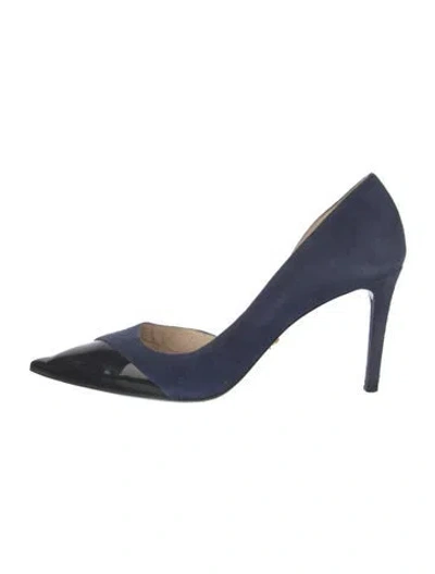 Pre-owned Prada Suede Leather Trim Embellishment Pumps In Blue
